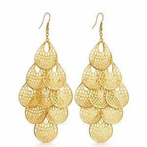 Gold Tone Filigree Chandelier Earrings – Layered Teardrop Statement Dangle